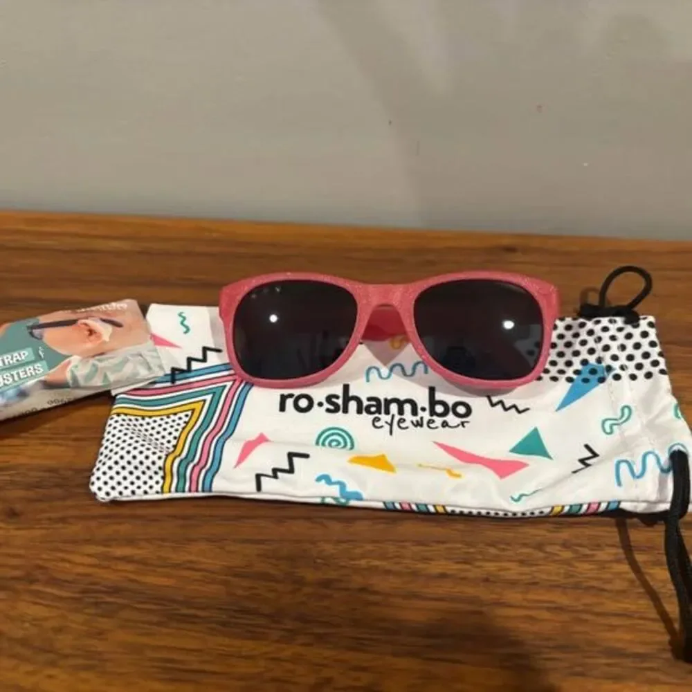 ROSHAMBO glitter pink Unbreakable Baby Sunglasses with Strap Polarized 0-24 Mo